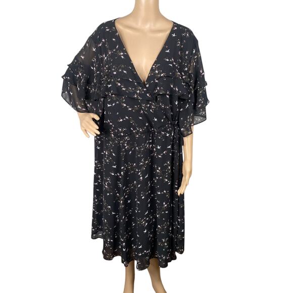 Torrid NWT Black Floral Bird Chiffon Ruffle Faux Wrap Dress SZ 4X - Picture 4 of 15
